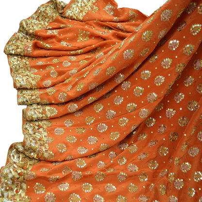 Indian Vintage Orange Saree Pure Crepe Silk Hand Embroidered Sari Craft Fabric 5Yd Sewing Soft Zardozi/Dabka Sequins Wedding/Bridal Sarees