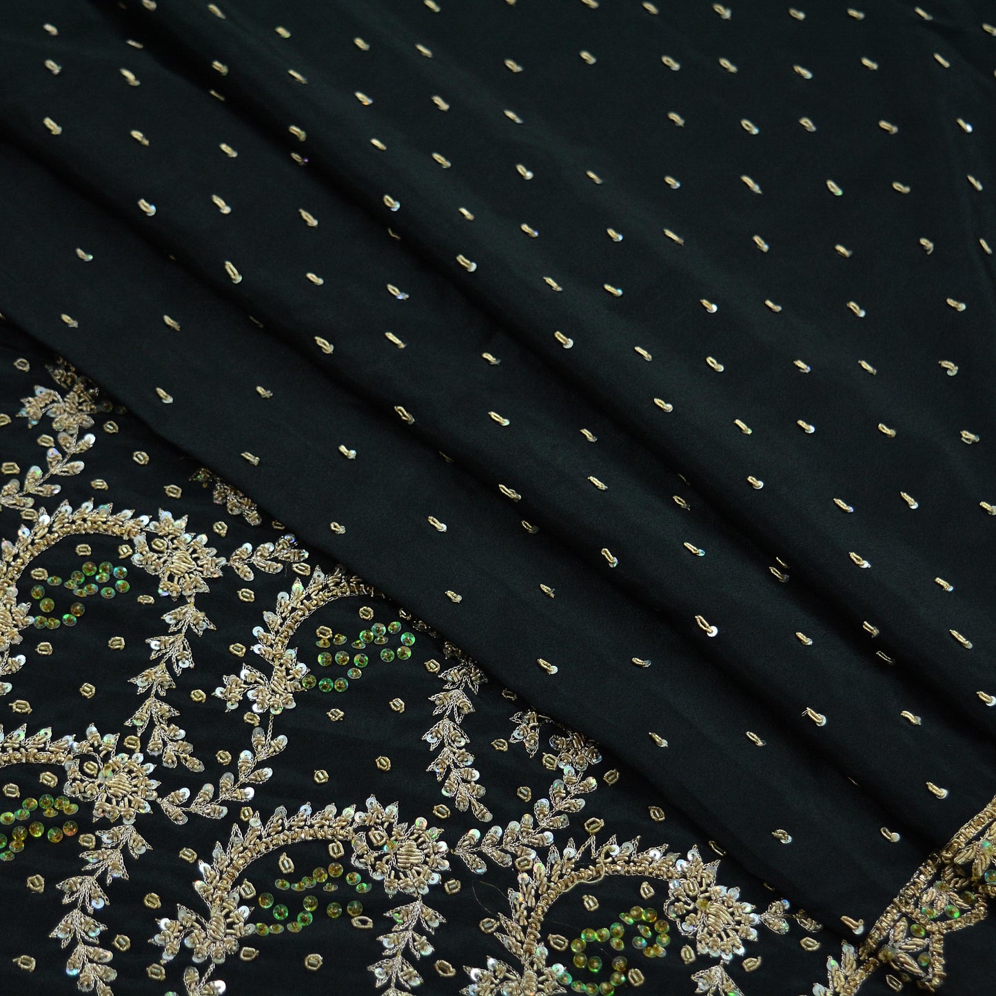 Indian Vintage Black Saree Crepe Hand Embroidered Sari Craft Fabric 5Yd Ethnic Sewing Soft Zardozi/Dabka Wedding Sarees