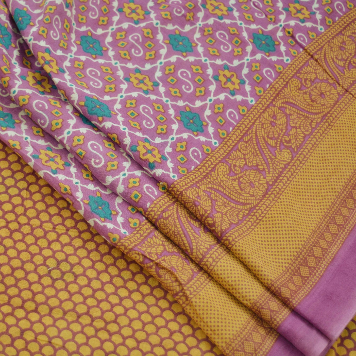 Indian Vintage Sari Beige & Purple Pure Cotton Printed Sarees Craft Fabric Soft 5Yd Sarong Wrap Boho Fabric Kimono Quilting Crafting Upcycle