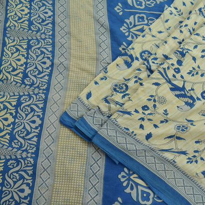 Indian Vintage Sari Blue  & Ivory Printed Pure Cotton Sarees Craft Fabric 5Yd Soft Sewing Sarong Wrap Boho Floral Quilting Crafting Upcycle