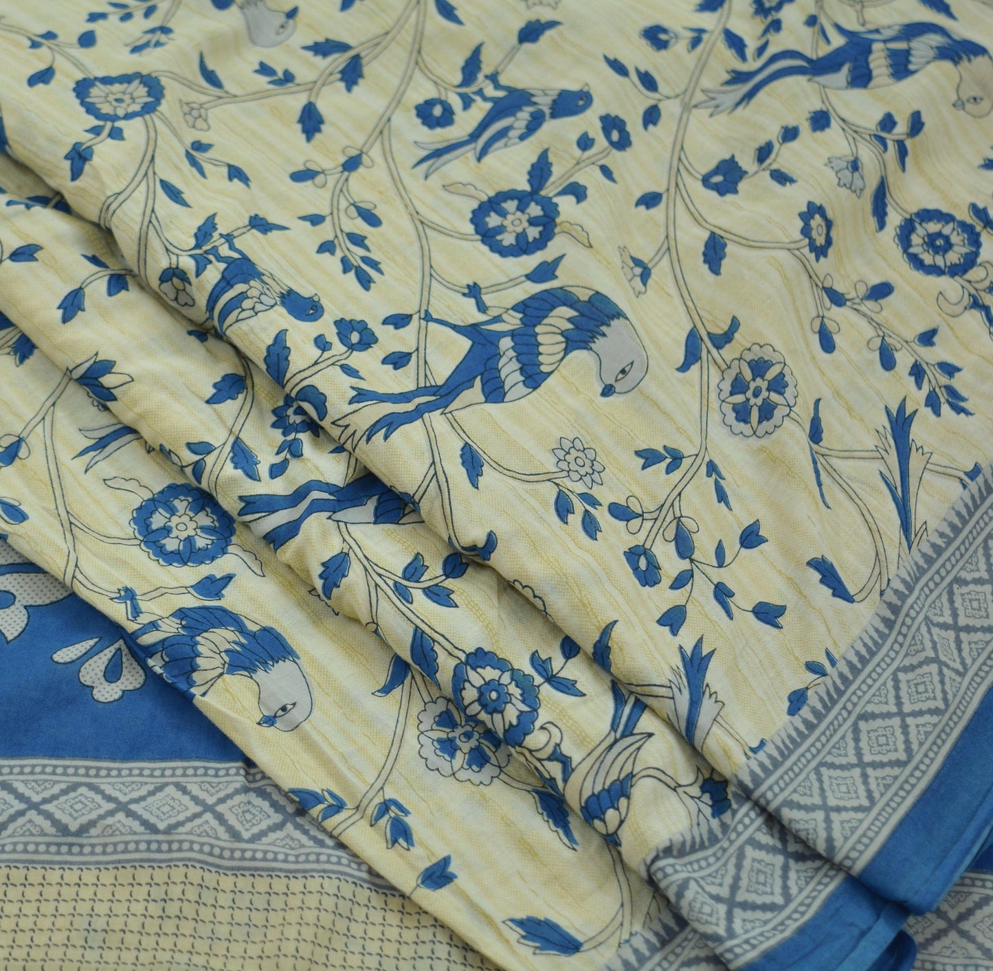 Indian Vintage Sari Blue  & Ivory Printed Pure Cotton Sarees Craft Fabric 5Yd Soft Sewing Sarong Wrap Boho Floral Quilting Crafting Upcycle