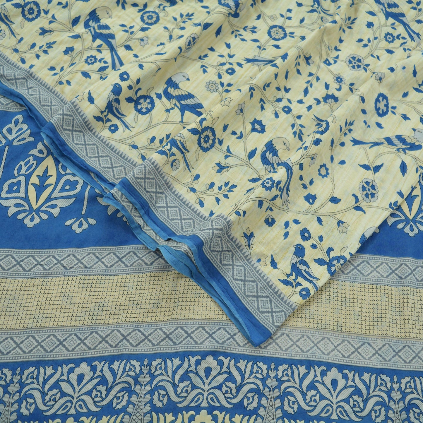 Indian Vintage Sari Blue  & Ivory Printed Pure Cotton Sarees Craft Fabric 5Yd Soft Sewing Sarong Wrap Boho Floral Quilting Crafting Upcycle