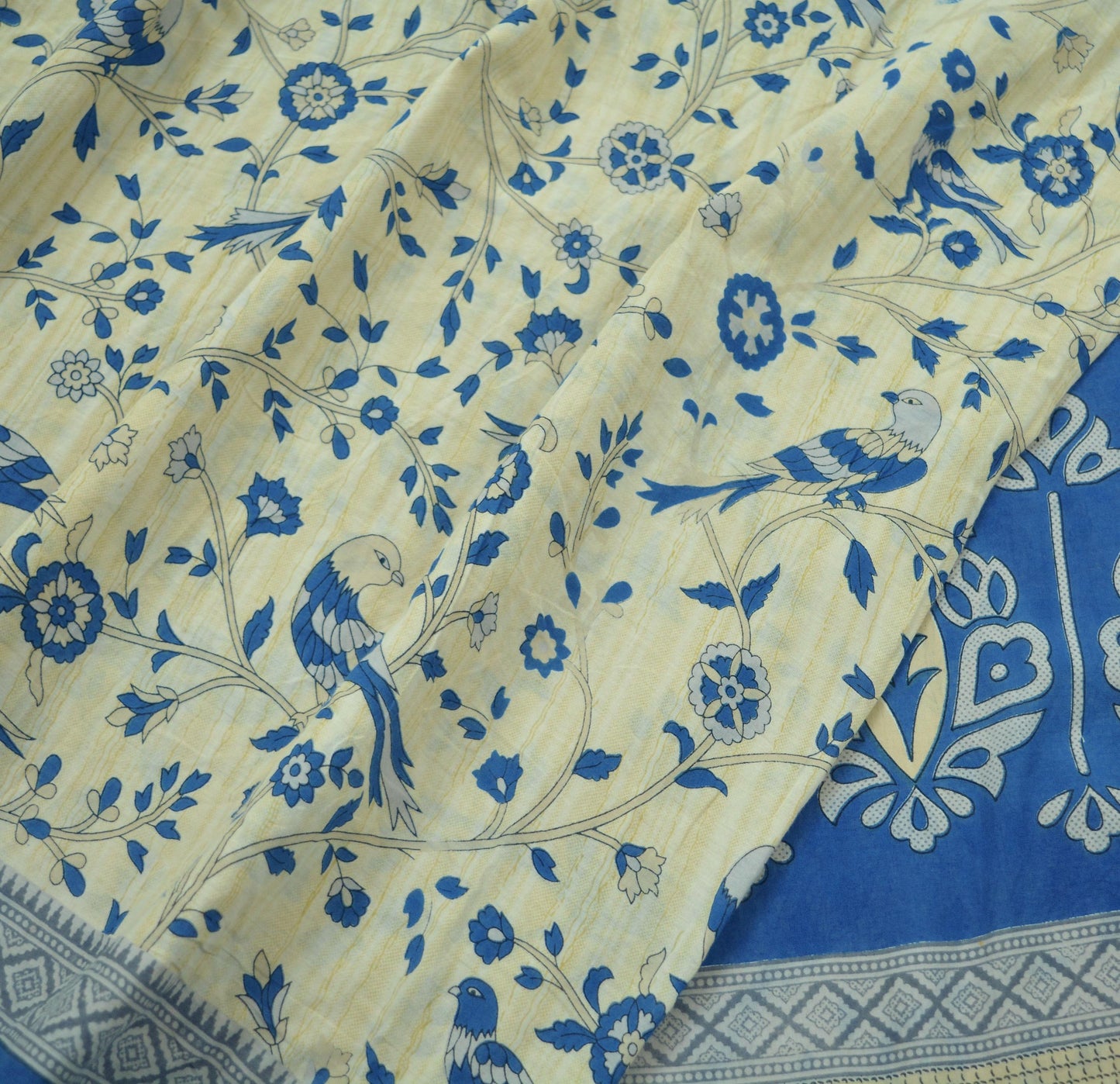 Indian Vintage Sari Blue  & Ivory Printed Pure Cotton Sarees Craft Fabric 5Yd Soft Sewing Sarong Wrap Boho Floral Quilting Crafting Upcycle