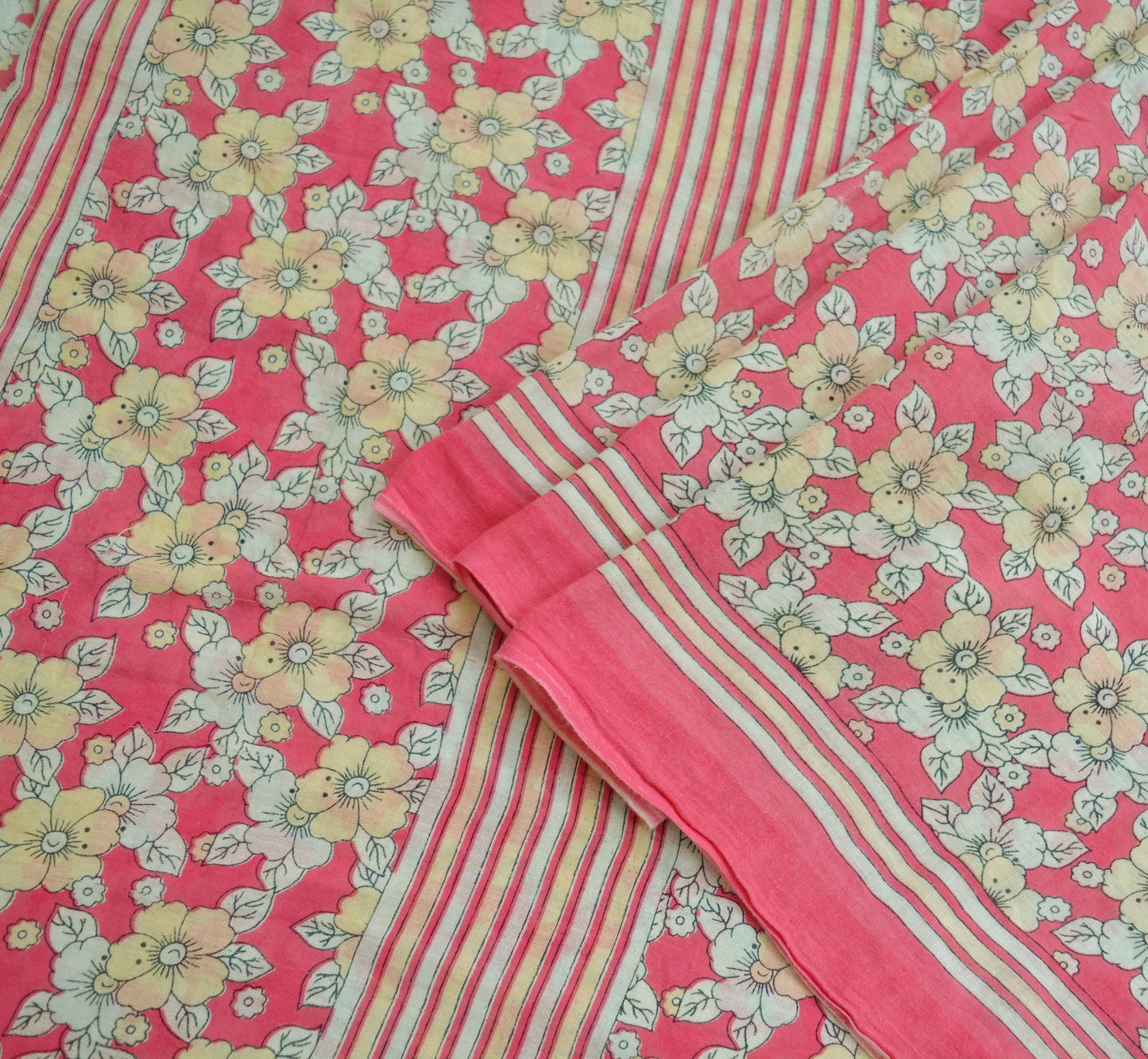 Indian Vintage Sari Ivory & Pink Printed Pure Cotton Saree Craft Fabric 5Yd Soft Sewing Sarong Wrap Boho Floral Dress making Crafting