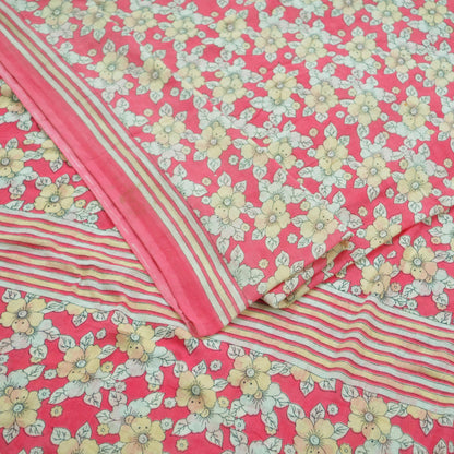 Indian Vintage Sari Ivory & Pink Printed Pure Cotton Saree Craft Fabric 5Yd Soft Sewing Sarong Wrap Boho Floral Dress making Crafting