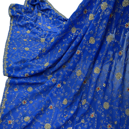 Indian Vintage Heavy Blue Dupatta Georgette Long Stole Hand Embroidered Scarf Zari Zardozi Wedding/Bridal Veil Hijab