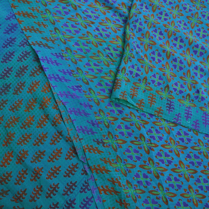 Indian Vintage Sari Blue Pure Crepe Silk Printed Sarees Craft Fabric 5yd Sewing Floral Soft Fabric Wrap Dress making Quilting Crafting