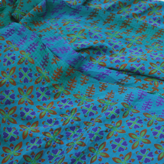 Indian Vintage Sari Blue Pure Crepe Silk Printed Sarees Craft Fabric 5yd Sewing Floral Soft Fabric Wrap Dress making Quilting Crafting