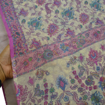 Indian Vintage Sari Purple & Ivory Pure Chiffon Silk Printed Sarees 6Yd Craft Fabric Sewing Soft Light Sari Dress Making Upcycle Quilting