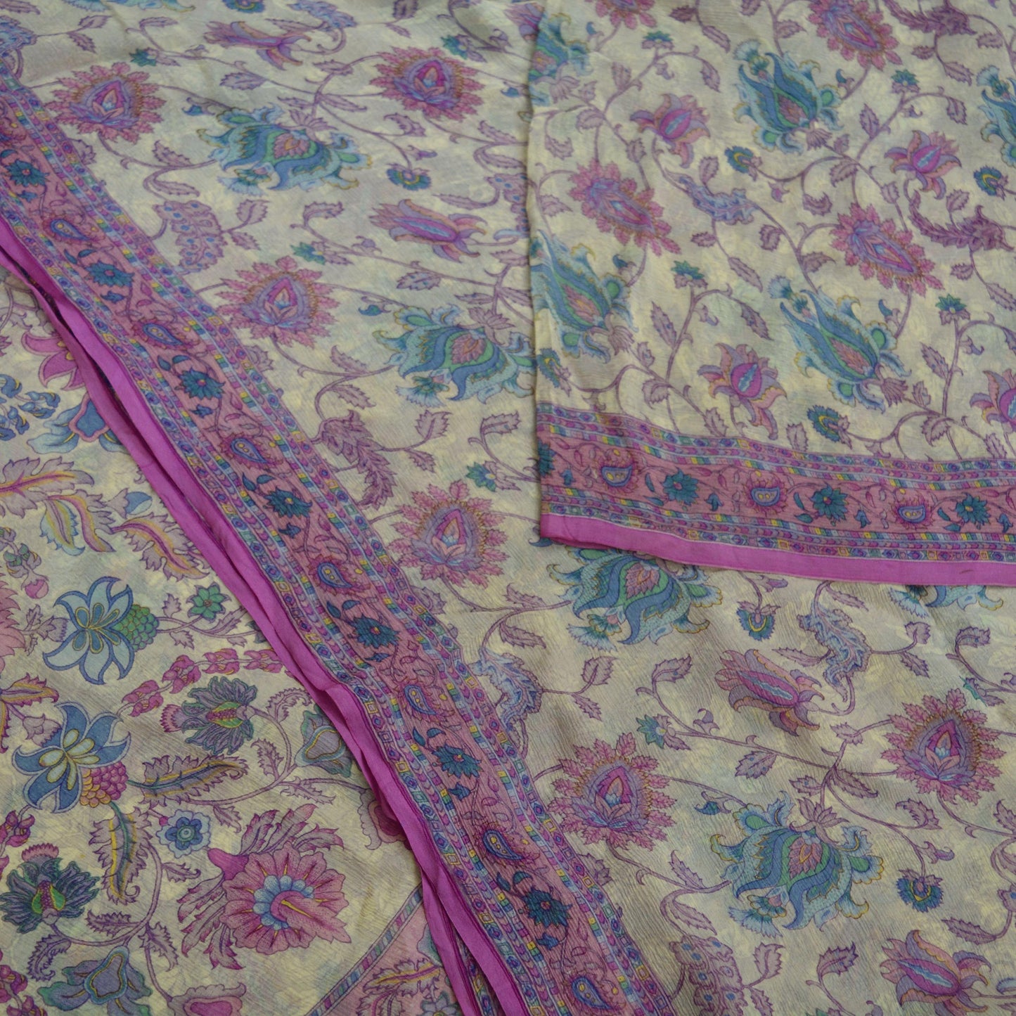 Indian Vintage Sari Purple & Ivory Pure Chiffon Silk Printed Sarees 6Yd Craft Fabric Sewing Soft Light Sari Dress Making Upcycle Quilting