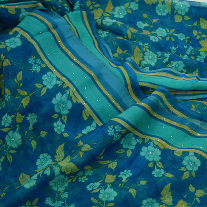 Vintage Sari Blue & Green Pure Chiffon Silk Hand Embroidered Mukesh Printed Sarees Craft Fabric Sewing 6Yd Soft Dress Making Crafting