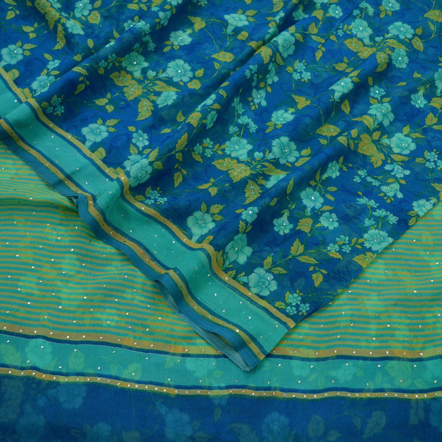 Vintage Sari Blue & Green Pure Chiffon Silk Hand Embroidered Mukesh Printed Sarees Craft Fabric Sewing 6Yd Soft Dress Making Crafting