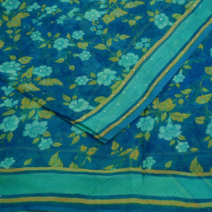 Vintage Sari Blue & Green Pure Chiffon Silk Hand Embroidered Mukesh Printed Sarees Craft Fabric Sewing 6Yd Soft Dress Making Crafting