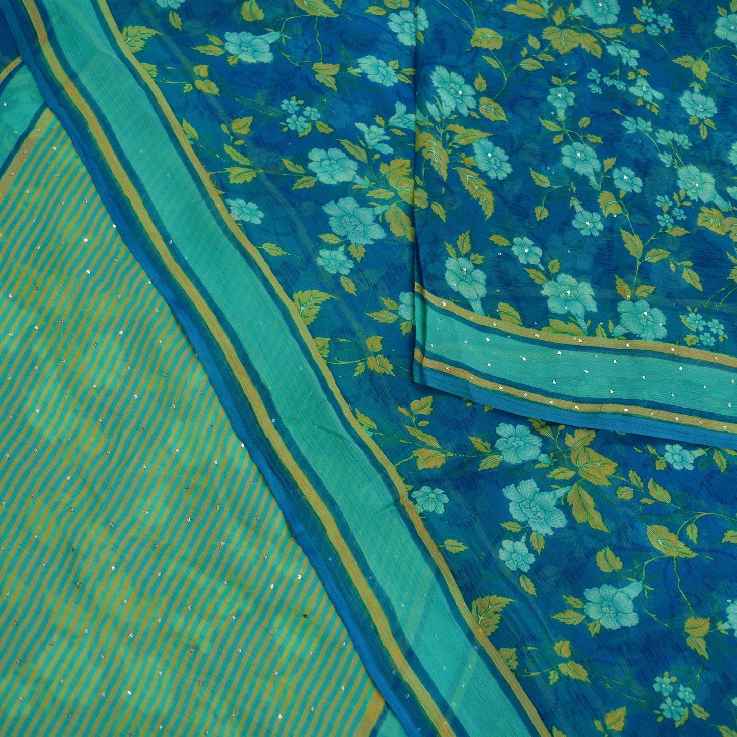 Vintage Sari Blue & Green Pure Chiffon Silk Hand Embroidered Mukesh Printed Sarees Craft Fabric Sewing 6Yd Soft Dress Making Crafting