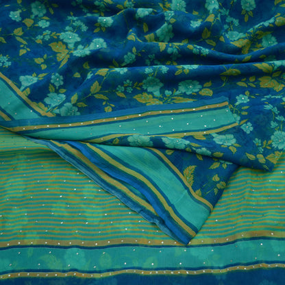 Vintage Sari Blue & Green Pure Chiffon Silk Hand Embroidered Mukesh Printed Sarees Craft Fabric Sewing 6Yd Soft Dress Making Crafting