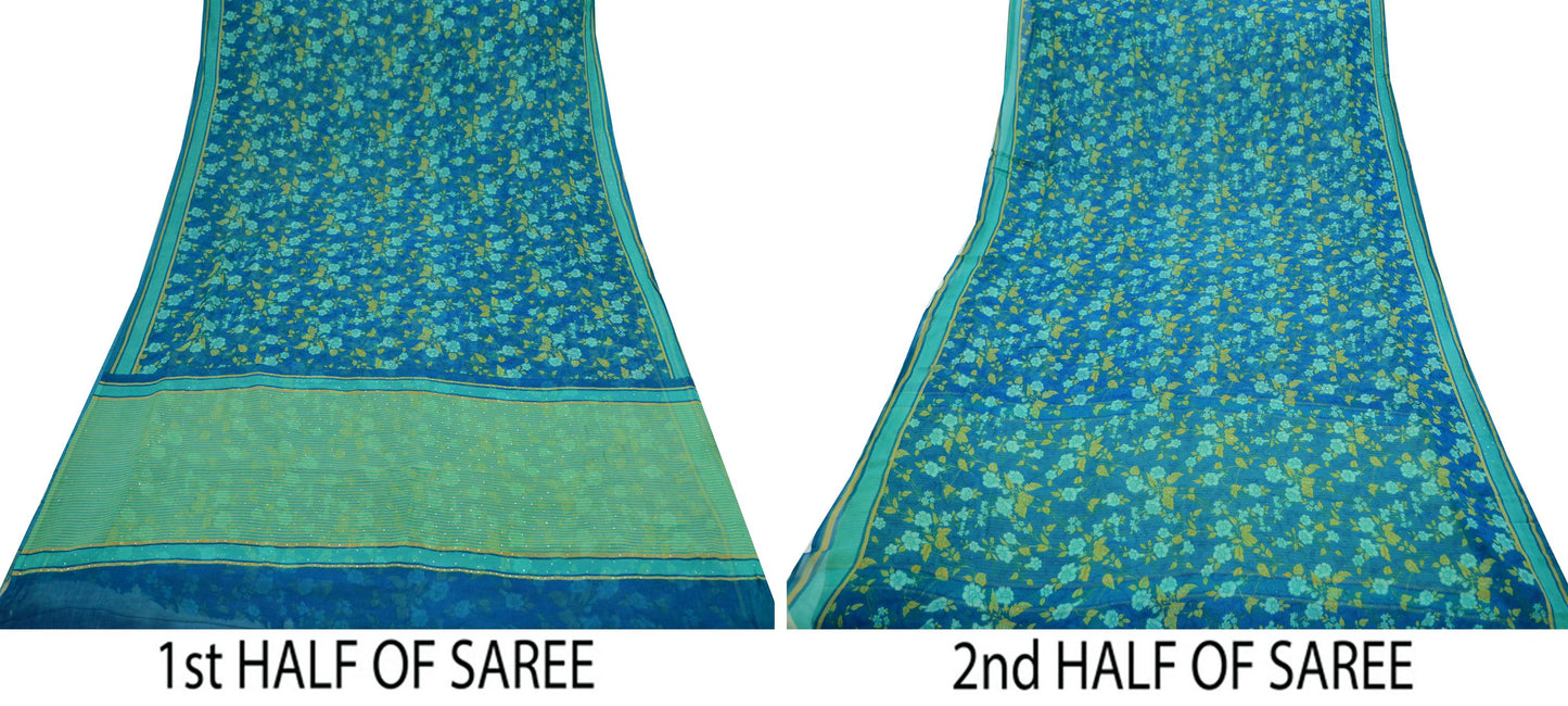 Vintage Sari Blue & Green Pure Chiffon Silk Hand Embroidered Mukesh Printed Sarees Craft Fabric Sewing 6Yd Soft Dress Making Crafting