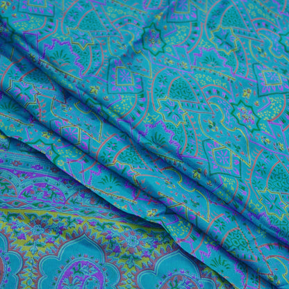 Indian Vintage Sari Blue Printed Sari Pure Silk Saree Craft Fabric Sewing 5yd Floral Soft Floral Wrap Sarong Dress making Crafting Quilting