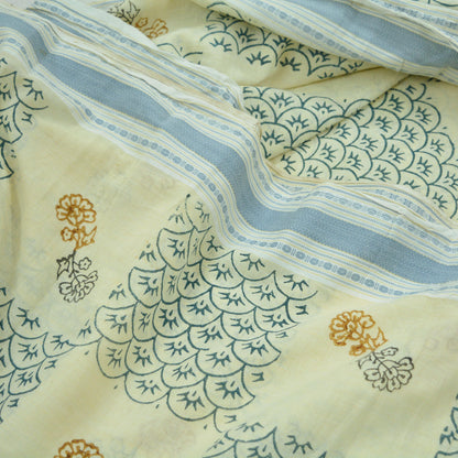 Indian Vintage Sari Ivory Printed Pure Cotton Sarees 5Yd Craft Fabric Soft Sewing Sarong Wrap Boho Upcycle quilting Dress making