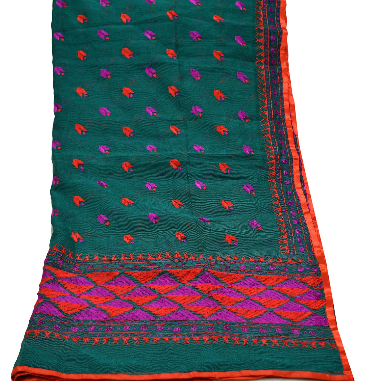 Indian Vintage Green Dupatta Long Stole Hand Embroidered Bagh Phulkari Stole Scarves Red lace Party wear