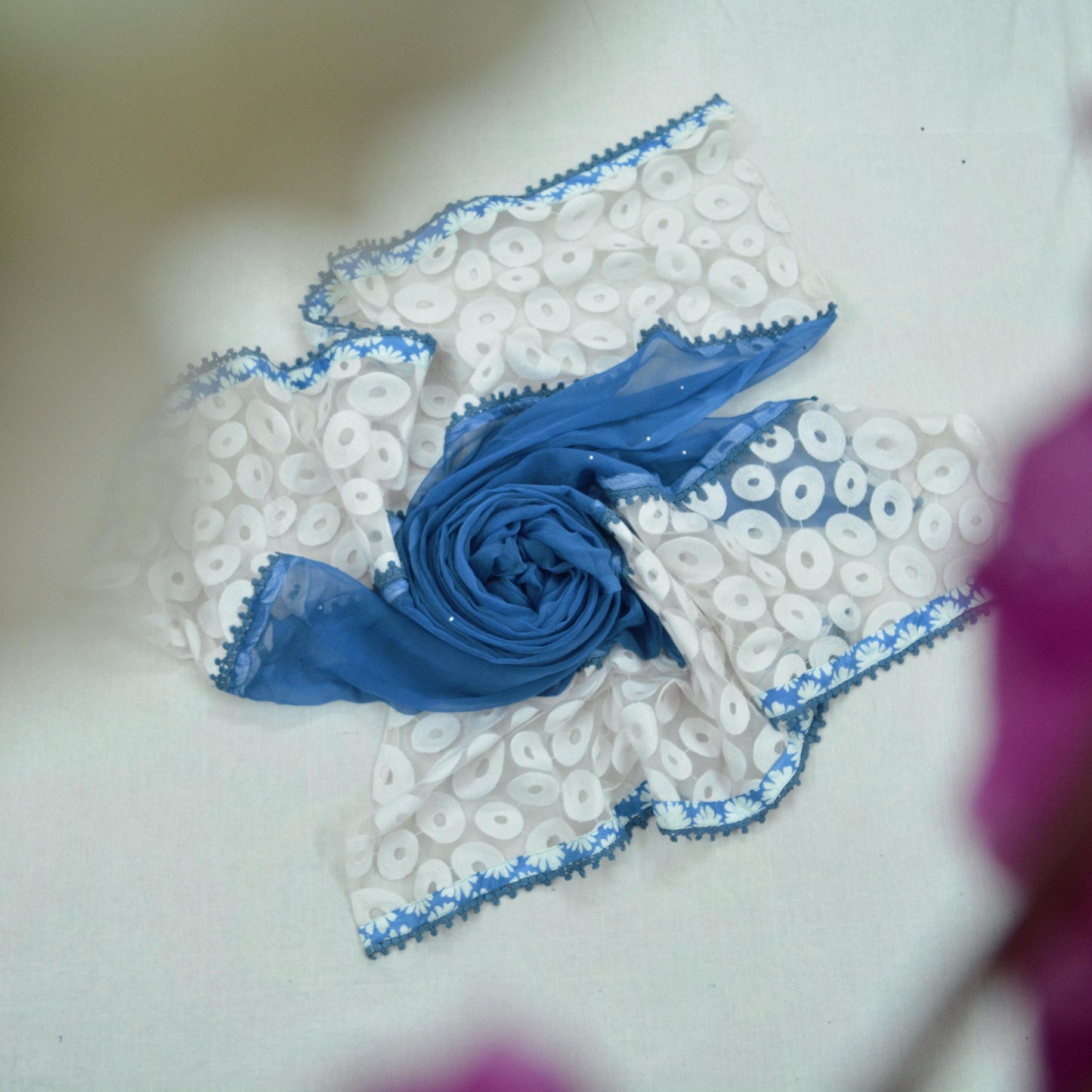 Indian Vintage Blue & White Dupatta Pure Chiffon silk Long Stole Hand Embroidered Scarves Floral Design Stole Veil Wrap