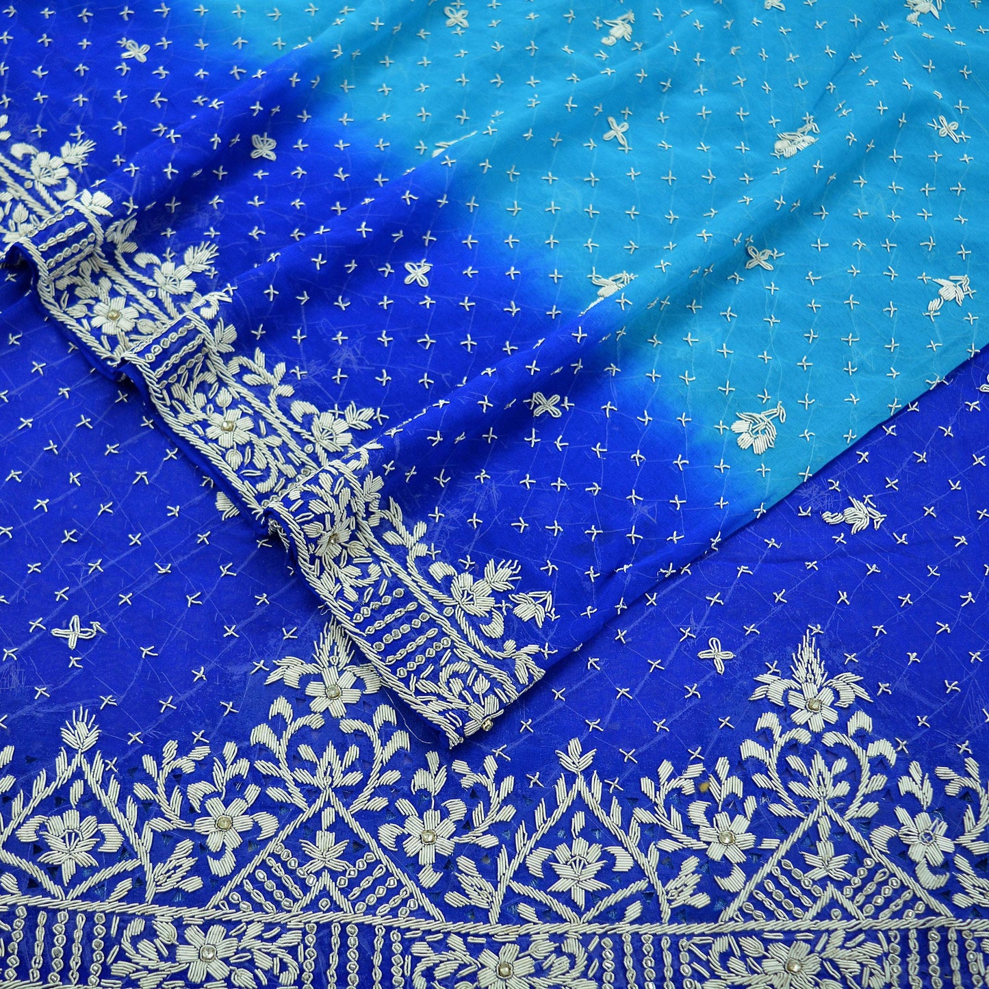 Indian Vintage Heavy Blue Dupatta Pure Georgette Silk Long Stole Hand Embroidered Scarf Zardozi/Dabka Bridal/Wedding Veil Hijab