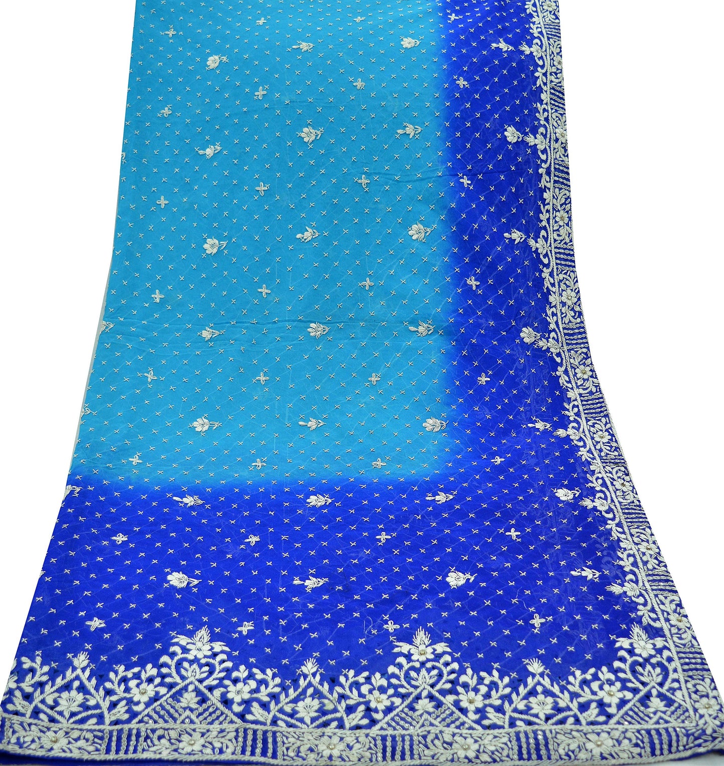 Indian Vintage Heavy Blue Dupatta Pure Georgette Silk Long Stole Hand Embroidered Scarf Zardozi/Dabka Bridal/Wedding Veil Hijab