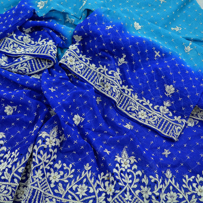 Indian Vintage Heavy Blue Dupatta Pure Georgette Silk Long Stole Hand Embroidered Scarf Zardozi/Dabka Bridal/Wedding Veil Hijab