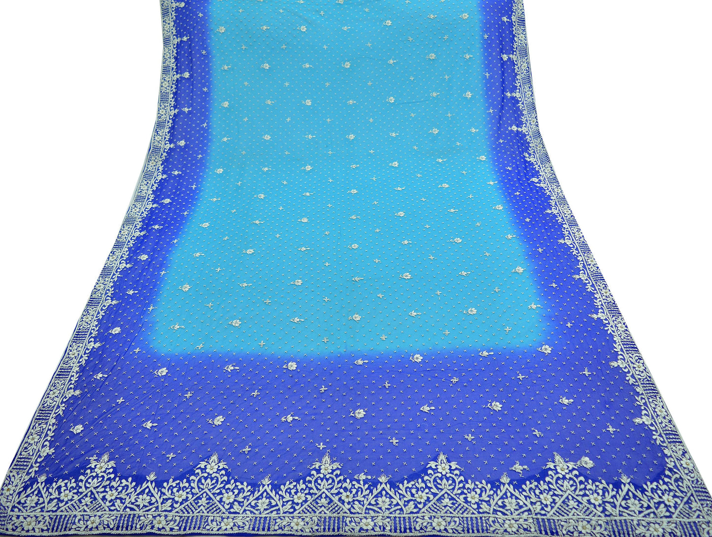 Indian Vintage Heavy Blue Dupatta Pure Georgette Silk Long Stole Hand Embroidered Scarf Zardozi/Dabka Bridal/Wedding Veil Hijab