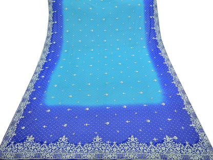 Indian Vintage Heavy Blue Dupatta Pure Georgette Silk Long Stole Hand Embroidered Scarf Zardozi/Dabka Bridal/Wedding Veil Hijab