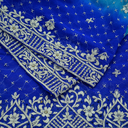 Indian Vintage Heavy Blue Dupatta Pure Georgette Silk Long Stole Hand Embroidered Scarf Zardozi/Dabka Bridal/Wedding Veil Hijab