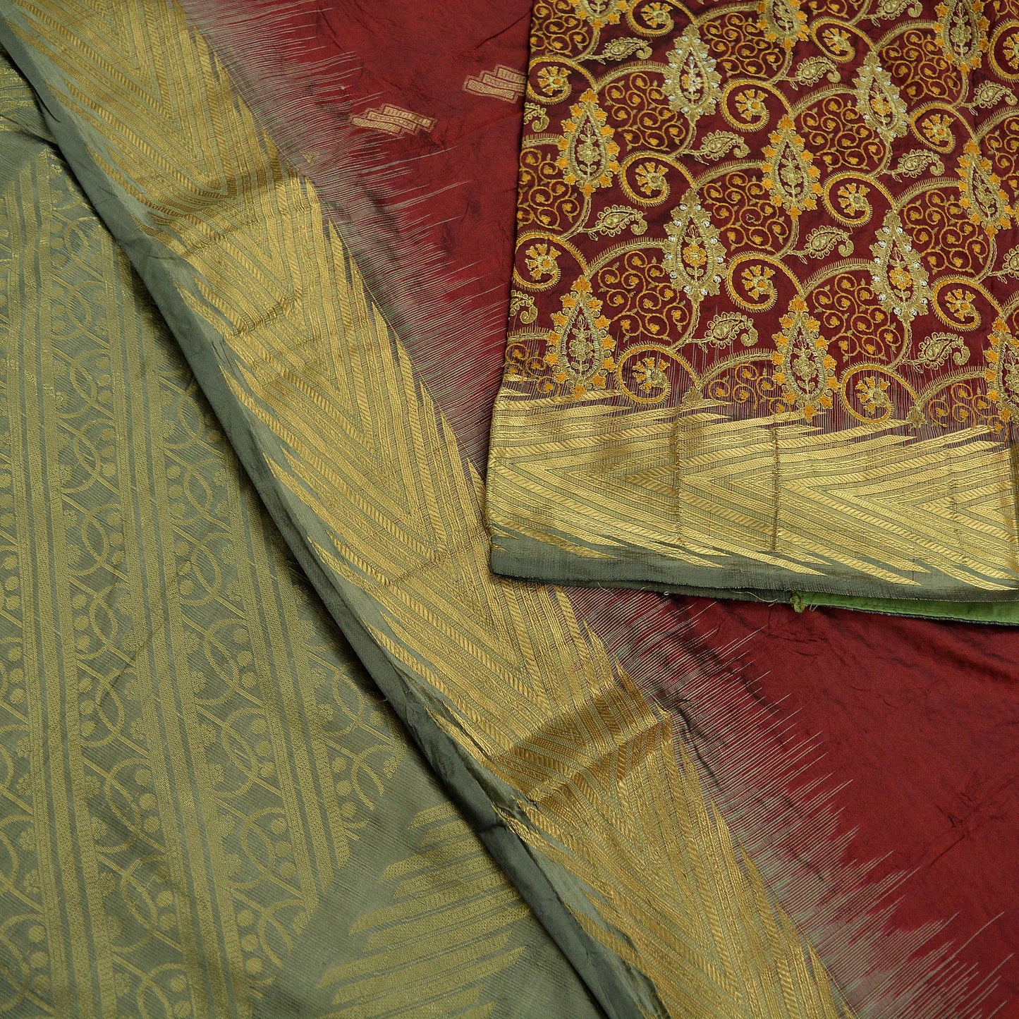 Vintage Heavy Gray & Maroon Kanjivaram Saree 100% Pure Silk Sari Metallic Golden Zari 5Yd Floral Crafting Dress making