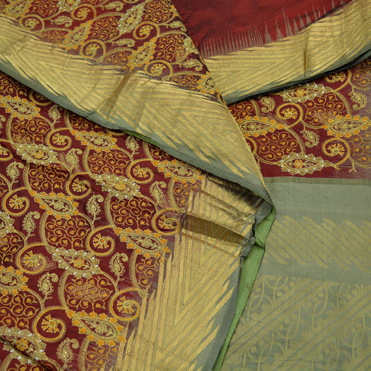 Vintage Heavy Gray & Maroon Kanjivaram Saree 100% Pure Silk Sari Metallic Golden Zari 5Yd Floral Crafting Dress making