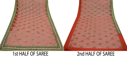 Indian Vintage Heavy Sari Red Net/Mesh Embroidered Sarees Fabric 6Yd Sewing Soft Green Sequins Floral Zari Bridal/wedding Saris