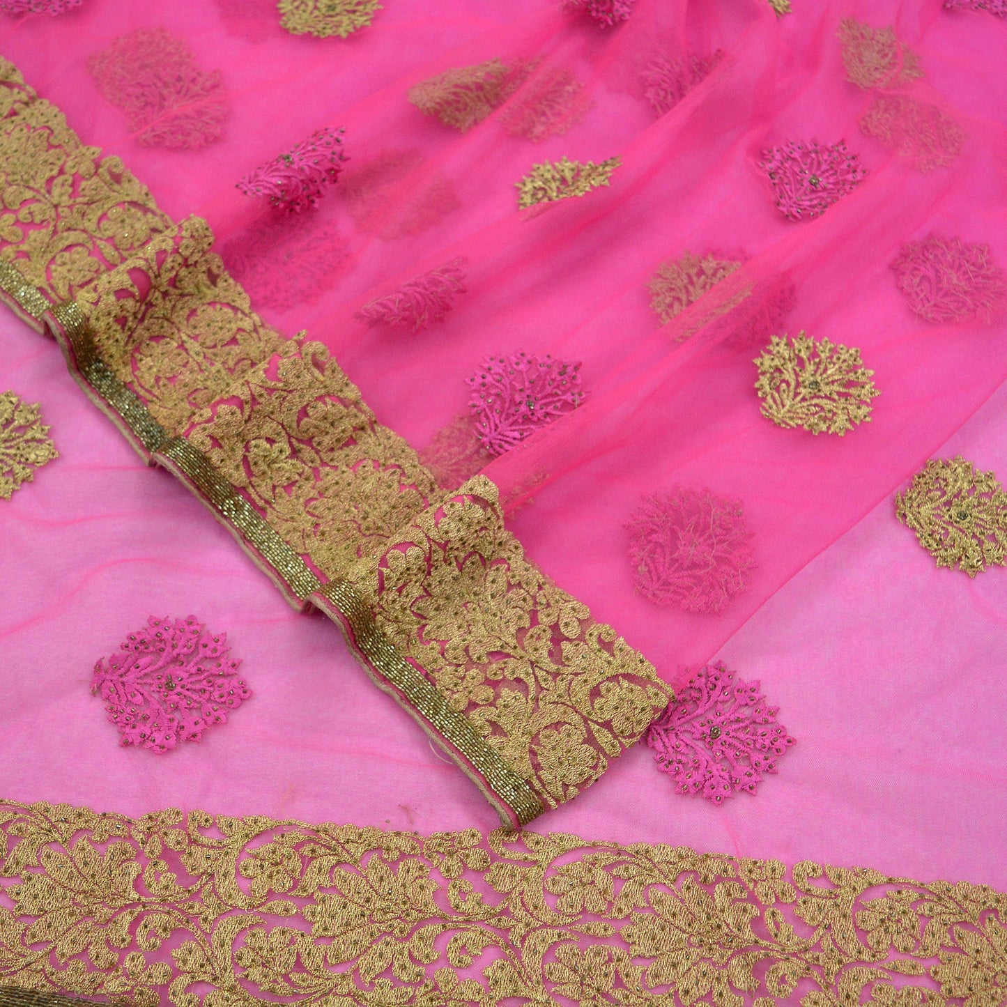 Indian Vintage Sari Pink Net/Mesh Hand Embroidered Sarees Ethnic Craft Fabric 6Yd Sewing Soft Zardozi/Dabka Zari Sequins Wedding Sarees