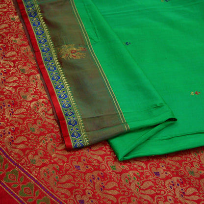 Indian Vintage Sari Red & Green Mysore Silk Hand Woven Sarees Fabric 5Yd Ethnic Dress Making Crafting Upcycle Quilting Zari Border Peacock