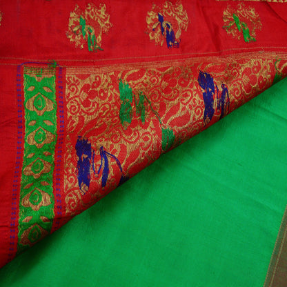 Indian Vintage Sari Red & Green Mysore Silk Hand Woven Sarees Fabric 5Yd Ethnic Dress Making Crafting Upcycle Quilting Zari Border Peacock