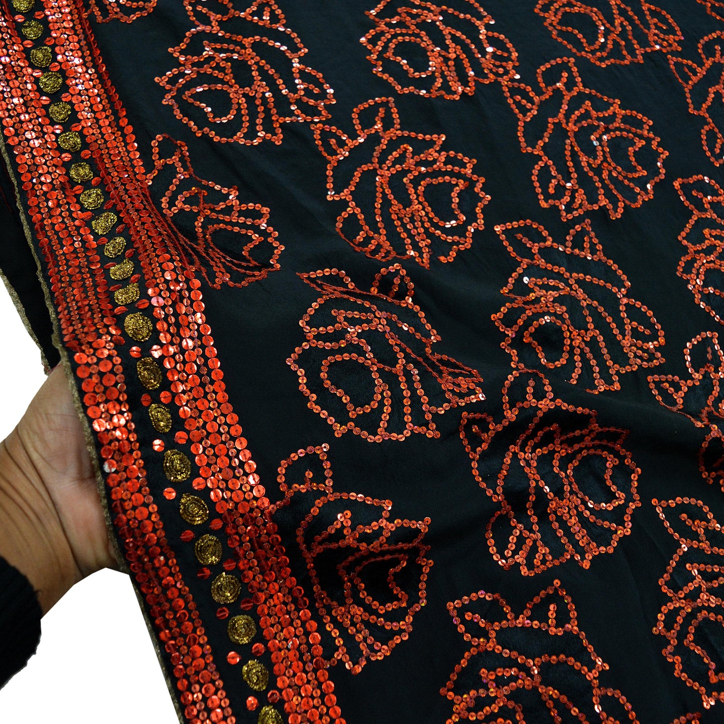 Indian Vintage Black Saree Pure Crepe Silk Hand Embroidered Sari Craft Fabric 6Yd Sewing Soft Zardozi/Dabka Sequins Wedding/Bridal Sarees