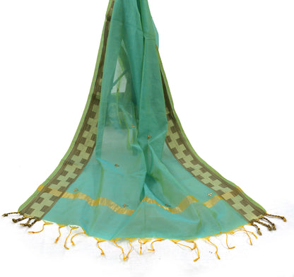 Indian Vintage Green Dupatta Long Stole Embroidered Chanderi Scarves Veil Golden Zari Soft Fringes Zardozi/ Dabka