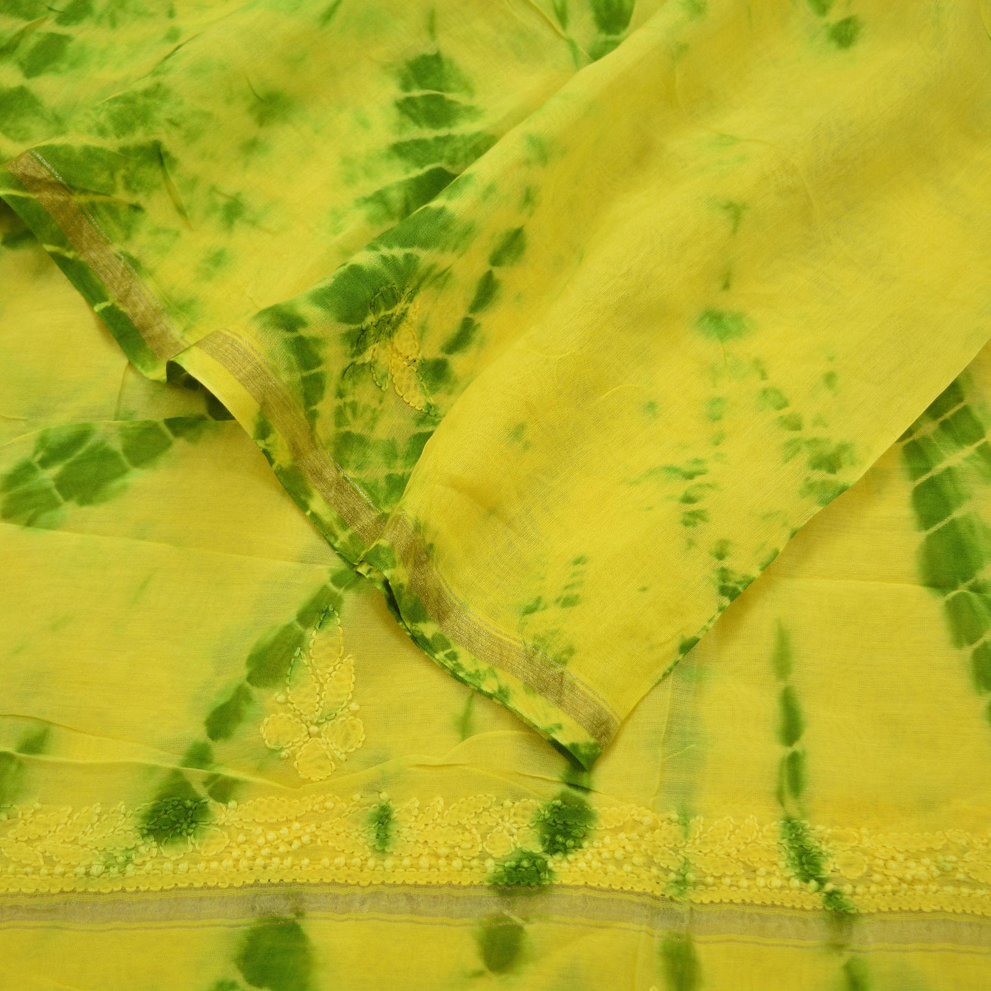 Indian Vintage Yellow & Green Dupatta Long Stole Pure Chanderi silk Handmade Chikankari Scarves Veil Scarf Wrap Zari Paisley Design