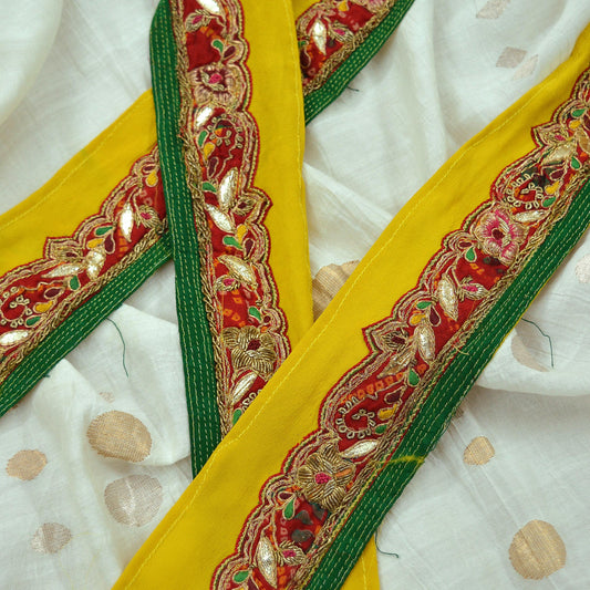 Indian Vintage Yellow Sari Border Hand Embroidered 1yd Craft Trim Lace Sewing Sari Ribbon Pure Crepe silk  Zardozi/Dabka Zari