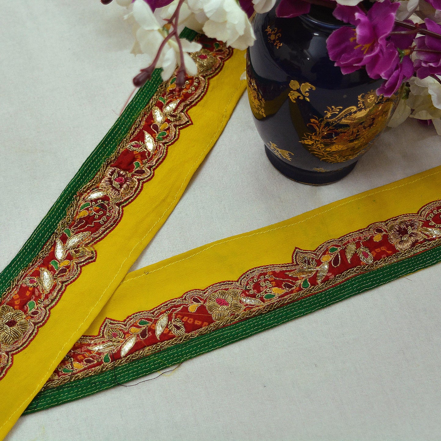 Indian Vintage Yellow Sari Border Hand Embroidered 1yd Craft Trim Lace Sewing Sari Ribbon Pure Crepe silk  Zardozi/Dabka Zari