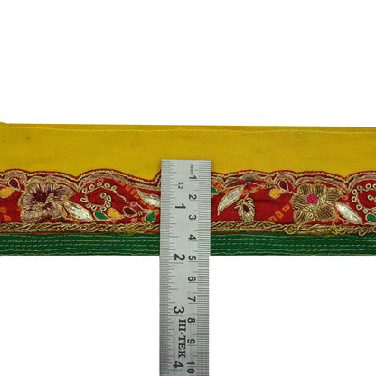 Indian Vintage Yellow Sari Border Hand Embroidered 1yd Craft Trim Lace Sewing Sari Ribbon Pure Crepe silk  Zardozi/Dabka Zari