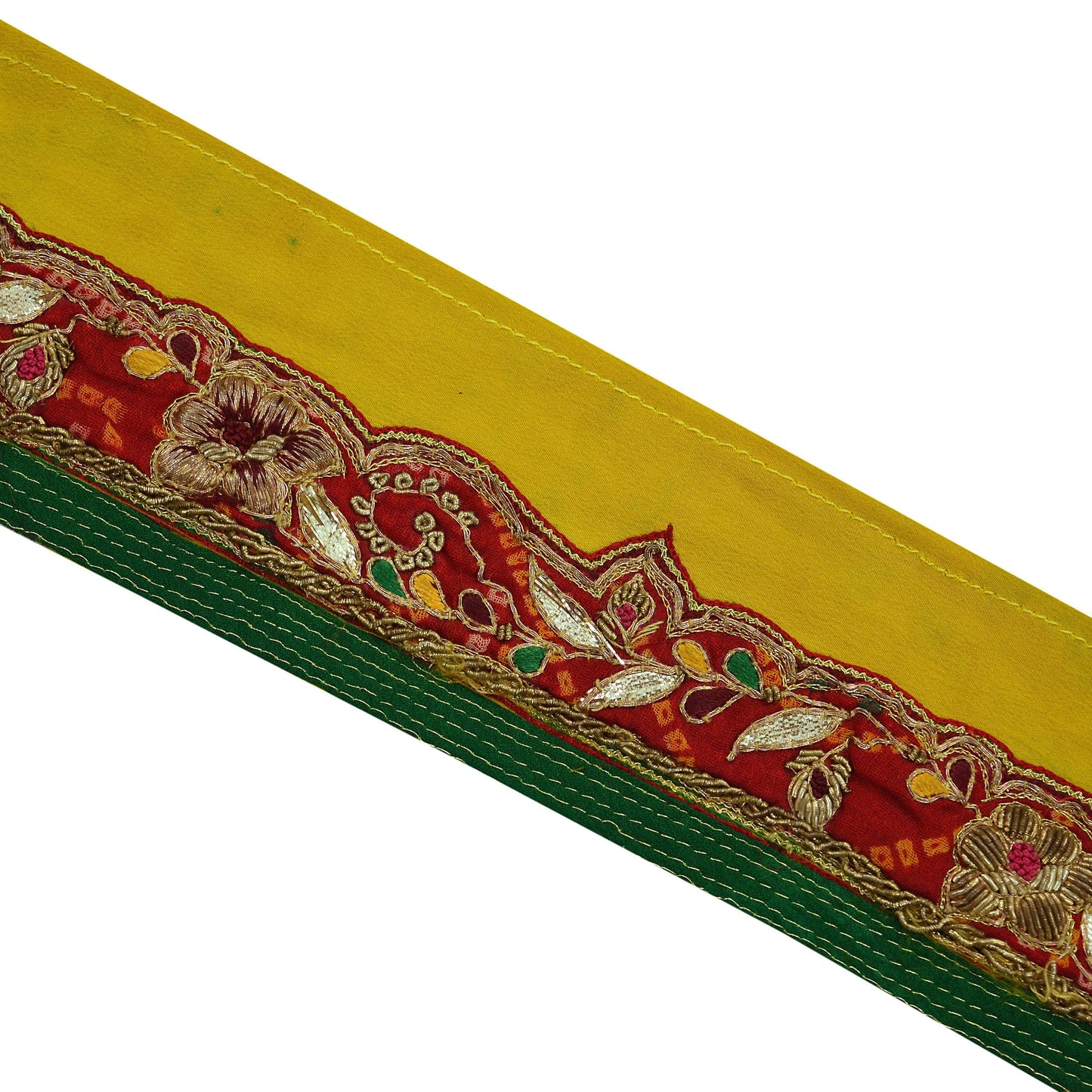 Indian Vintage Yellow Sari Border Hand Embroidered 1yd Craft Trim Lace Sewing Sari Ribbon Pure Crepe silk  Zardozi/Dabka Zari