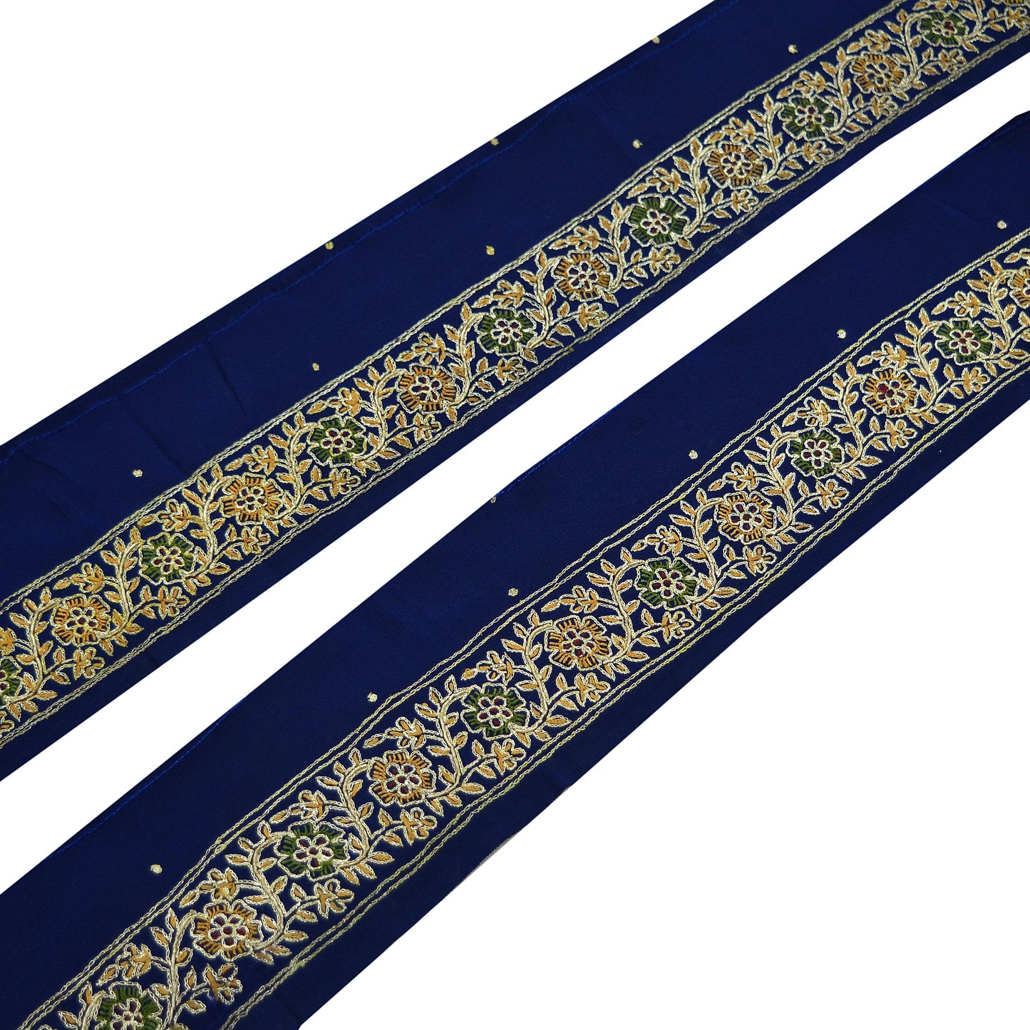 Indian Vintage Blue Sari Border Hand Embroidered 1yd Craft Trim Lace Sewing Sari Ribbon Pure Crepe silk  Zardozi/Dabka Zari