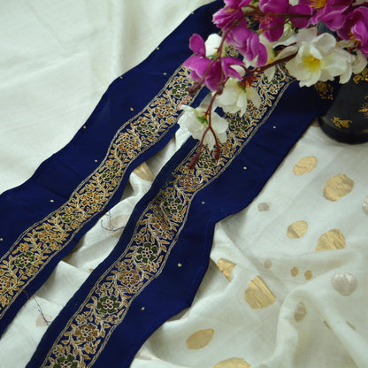 Indian Vintage Blue Sari Border Hand Embroidered 1yd Craft Trim Lace Sewing Sari Ribbon Pure Crepe silk  Zardozi/Dabka Zari