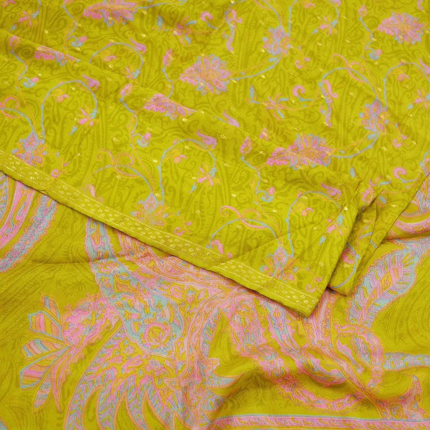 Indian Vintage Sari Green Pure Silk Printed Saree 5yd Sewing Craft Fabric Dress Making  Soft Wrap Upcycle Used Quilting Crafting Zari Border