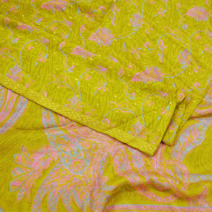 Indian Vintage Sari Green Pure Silk Printed Saree 5yd Sewing Craft Fabric Dress Making  Soft Wrap Upcycle Used Quilting Crafting Zari Border