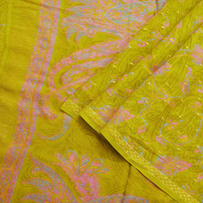 Indian Vintage Sari Green Pure Silk Printed Saree 5yd Sewing Craft Fabric Dress Making  Soft Wrap Upcycle Used Quilting Crafting Zari Border