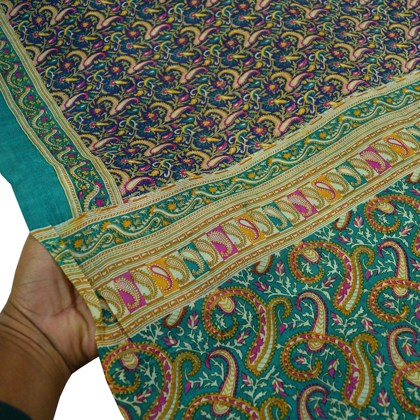 Indian Vintage Sari Green & Blue 100% Pure Silk Printed Sarees 5yd Sewing Craft Fabric Dress Making Soft Wrap Crafting Quilting Upcycle