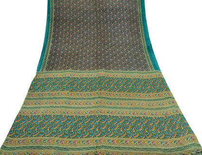 Indian Vintage Sari Green & Blue 100% Pure Silk Printed Sarees 5yd Sewing Craft Fabric Dress Making Soft Wrap Crafting Quilting Upcycle